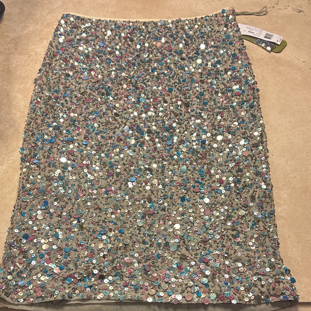 Beige Sequin Pencil Skirt With Blue And Pink Accents